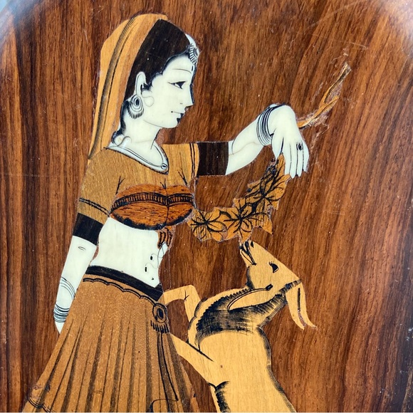 Two Vintage Gypsy Bone Wood Inlay India Woman Goat Cottage Core Homestea… - Picture 2 of 12